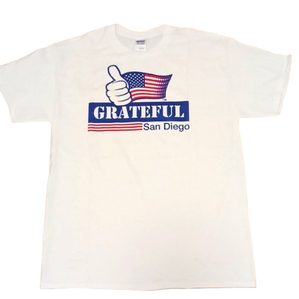 SAN DIEGO T-Shirt Mens Sz L WHITE Crewneck American Flag GRATEFUL Patriotic Flag